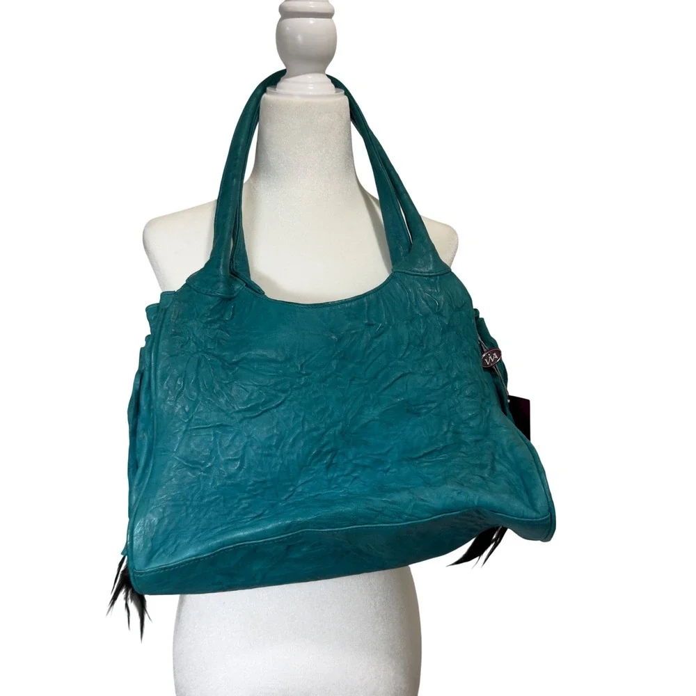 Viva of California Teal Leather Boho Fringe Feather Tote Bag Handcrafted USA NWT